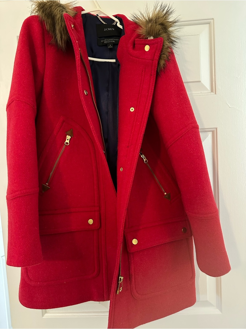 J. Crew Red Wool Peacoat with Faux-Fur Trimmed Hood Chateau Parka